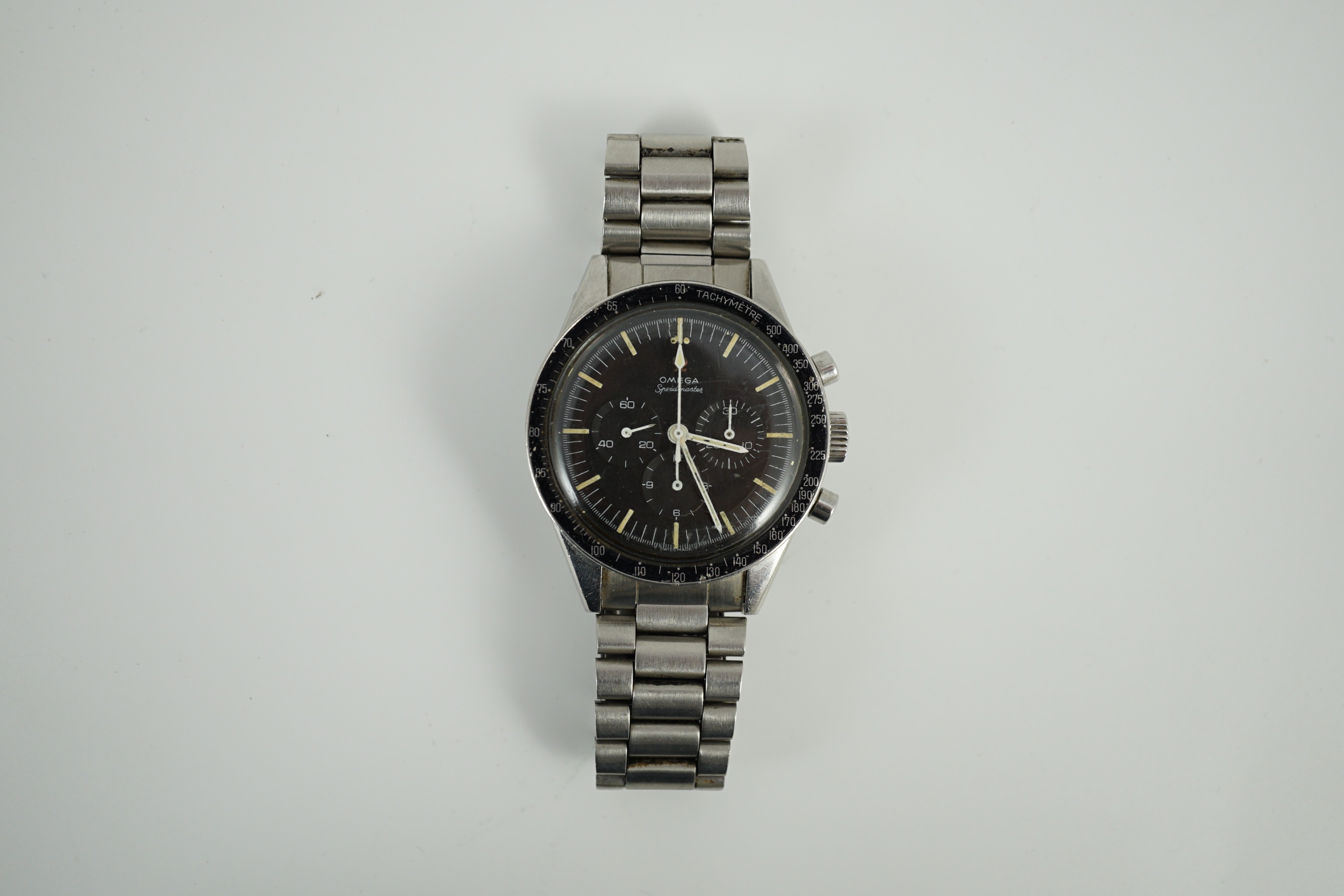 A gentleman's rare mid 1960's stainless steel Omega Speedmaster 'Ed White' manual wind chronograph wrist watch